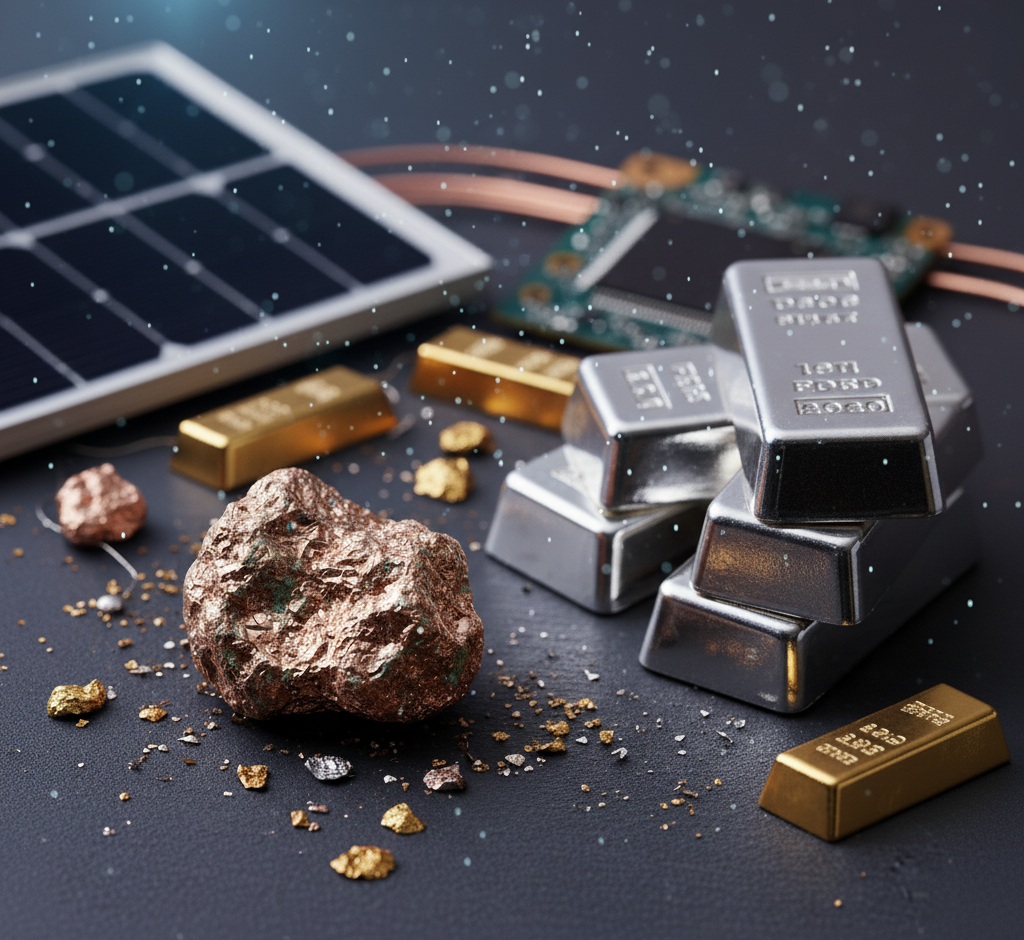 Copper, silver, and gold pieces arranged beside a solar panel, representing the balance of industrial and monetary value.