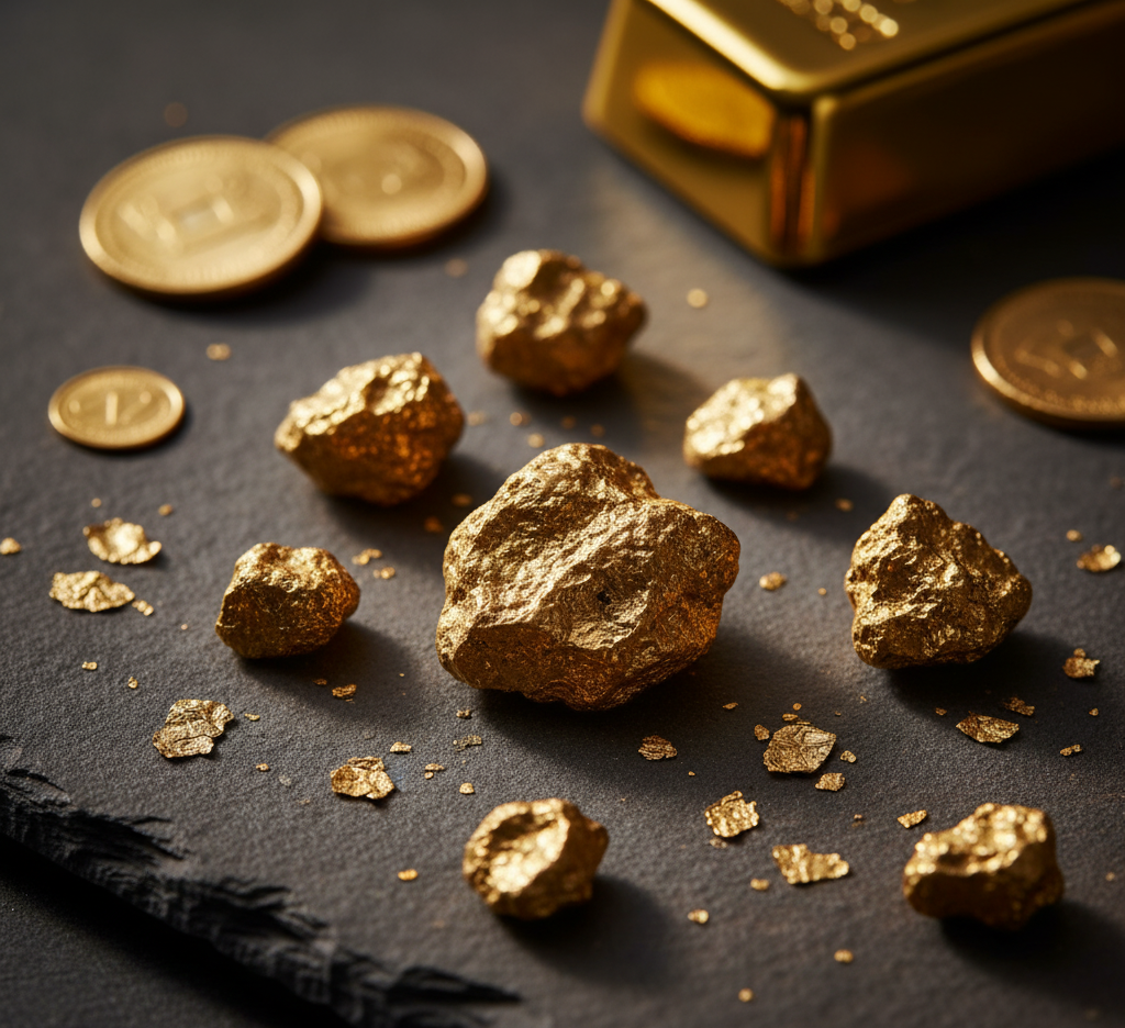 Collection of small gold nuggets and coins on a dark surface, highlighting the natural shine of gold.