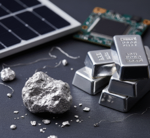 Silver bars stacked beside a rough silver nugget and solar panel, symbolizing both industry and investment use.