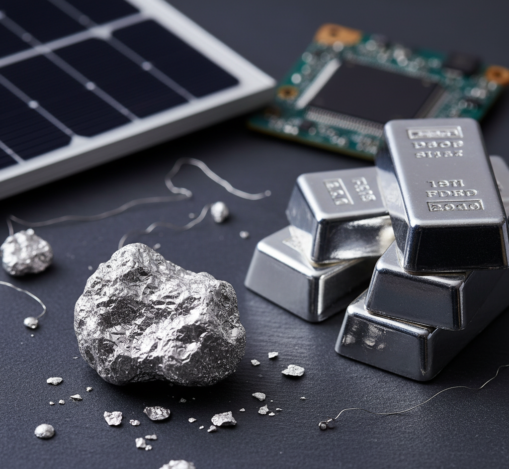 Silver bars stacked beside a rough silver nugget and solar panel, symbolizing both industry and investment use.