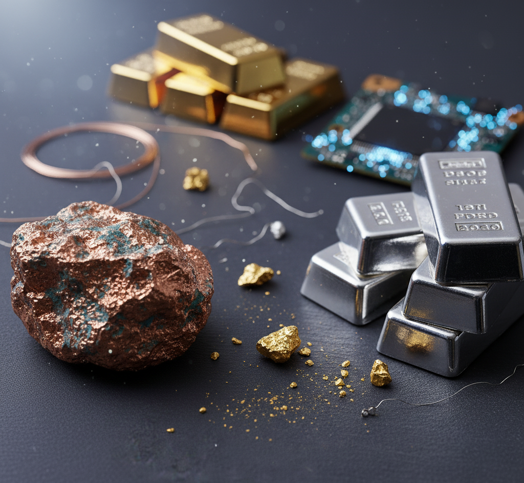 Group of gold bars, silver ingots, and a copper rock on a dark surface, showing metals used in trade and technology