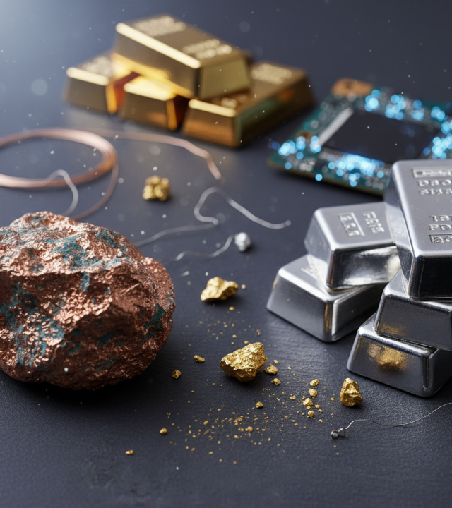 Group of gold bars, silver ingots, and a copper rock on a dark surface, showing metals used in trade and technology